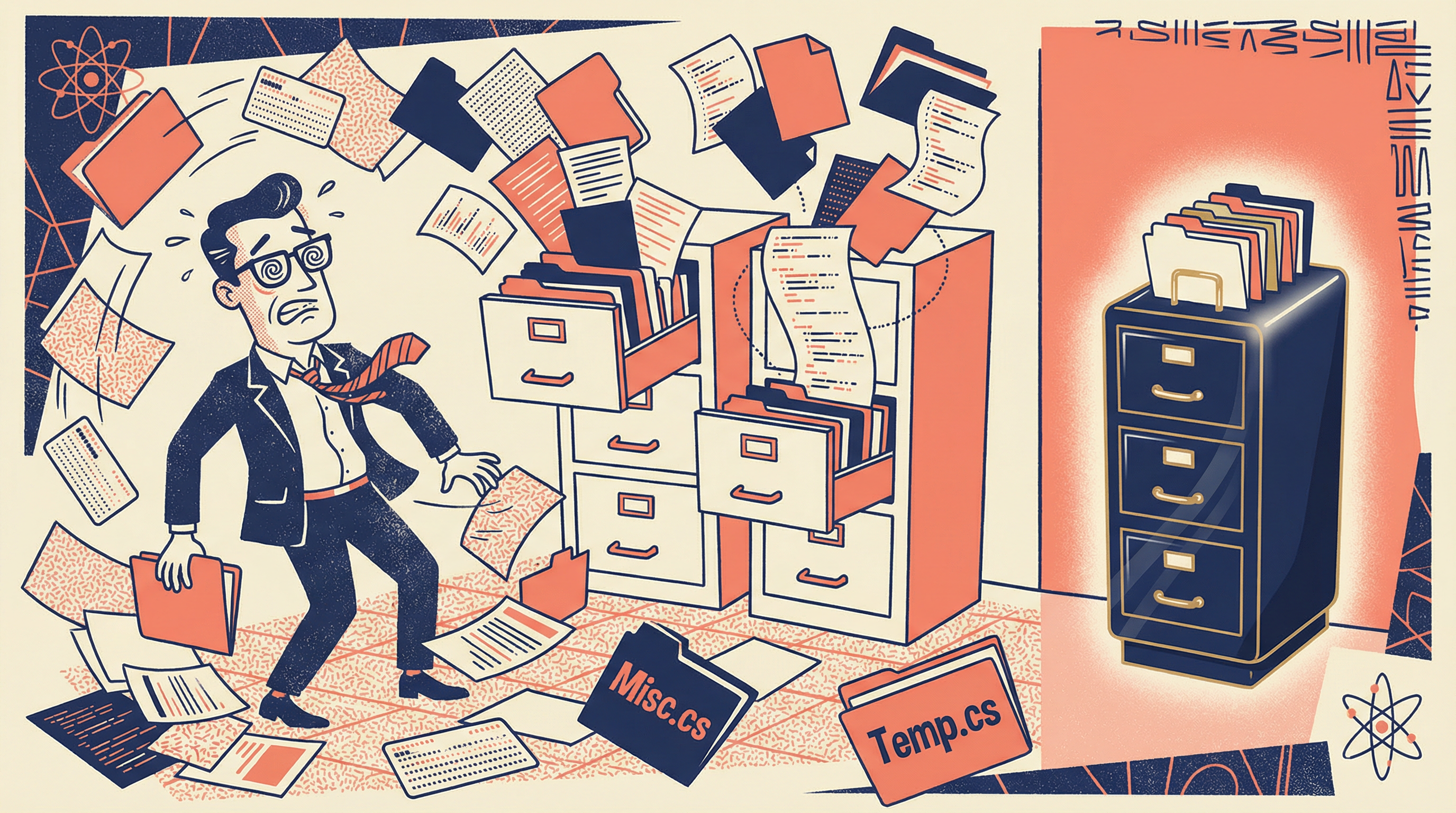 Illustration of file organization chaos vs order - a frazzled developer searching through disorganized files while a pristine filing cabinet glows in the corner