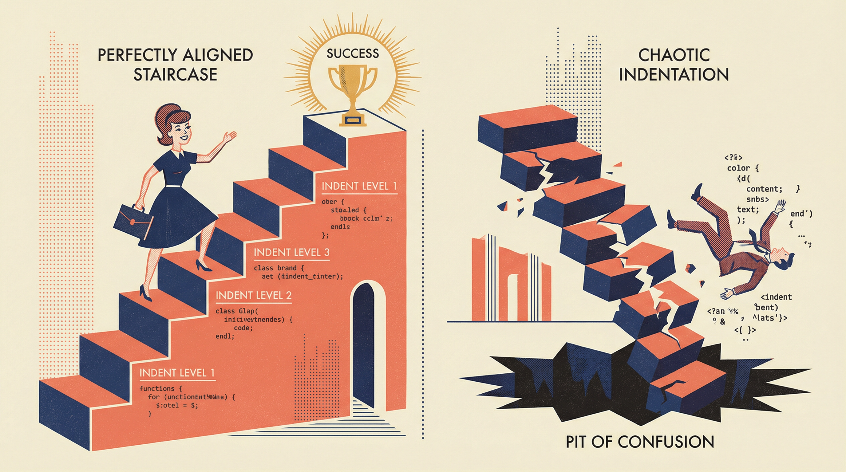 Illustration comparing proper indentation as a staircase to success vs chaotic indentation leading to a pit of confusion