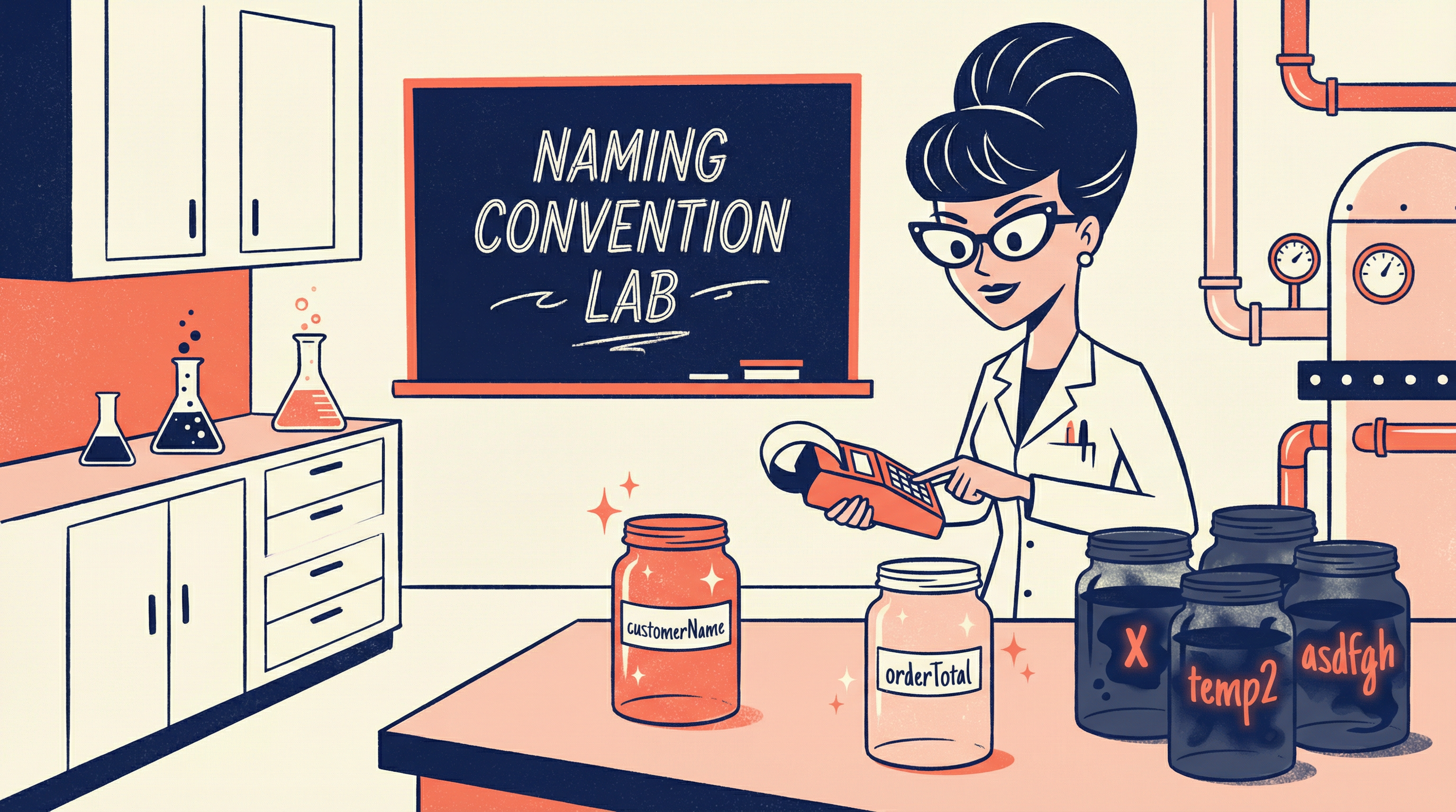 Illustration of a naming convention museum with exhibits showing good vs bad variable names, with visitors reacting in horror to 'temp47' and 'x'