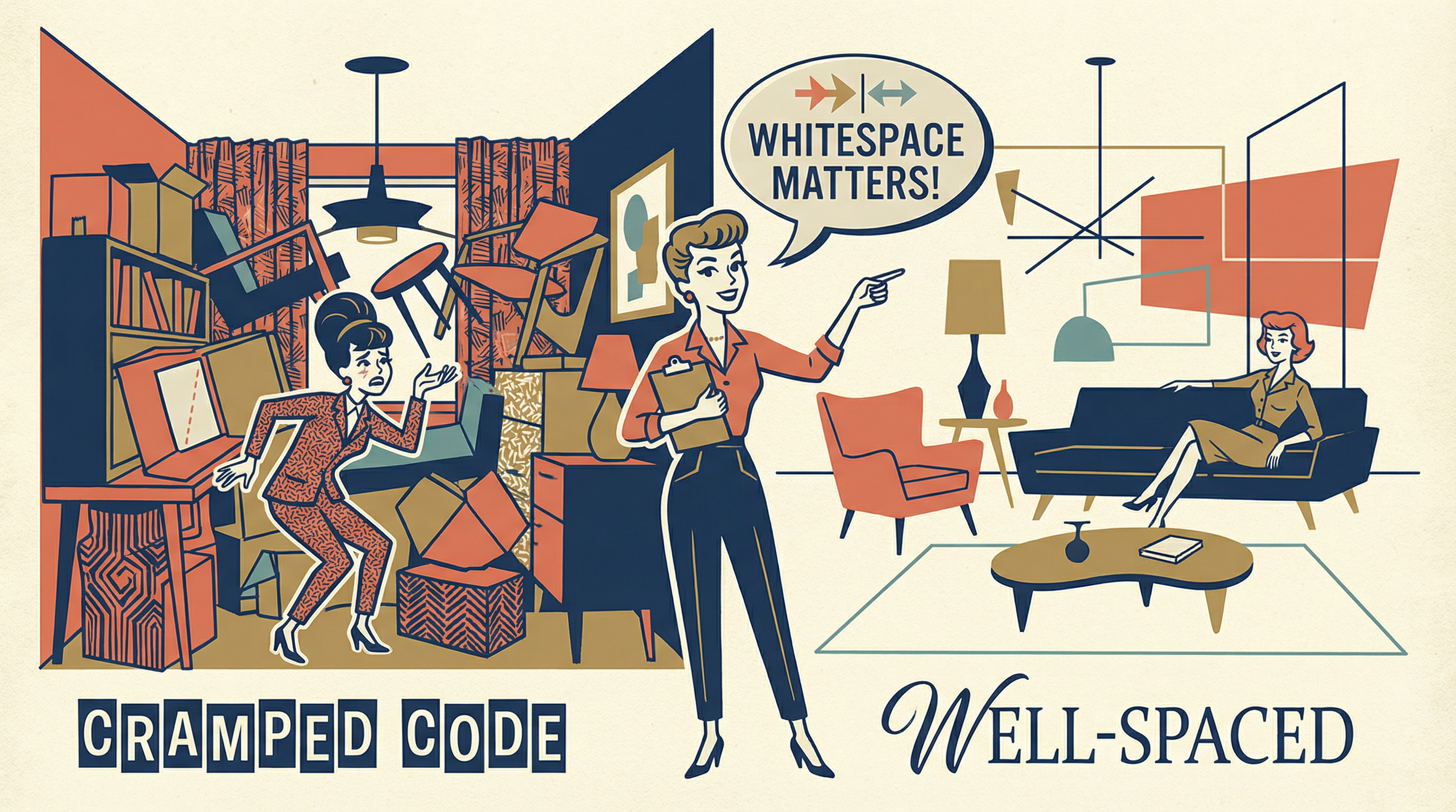 Illustration comparing code with proper whitespace as a well-organized garden vs code without whitespace as an overgrown jungle