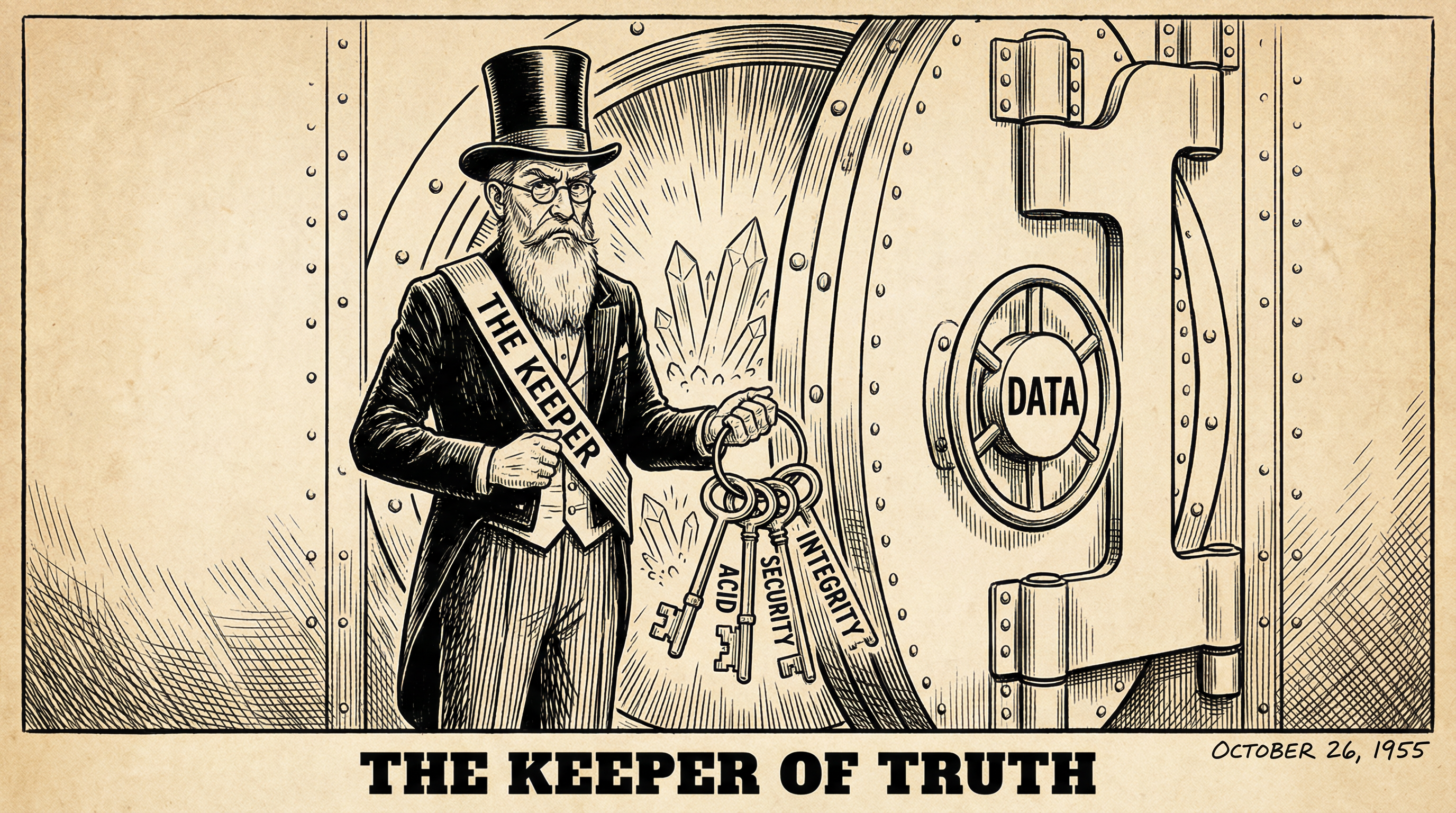 The Keeper of Truth - A vintage illustration showing a guardian protecting the sacred vault of data