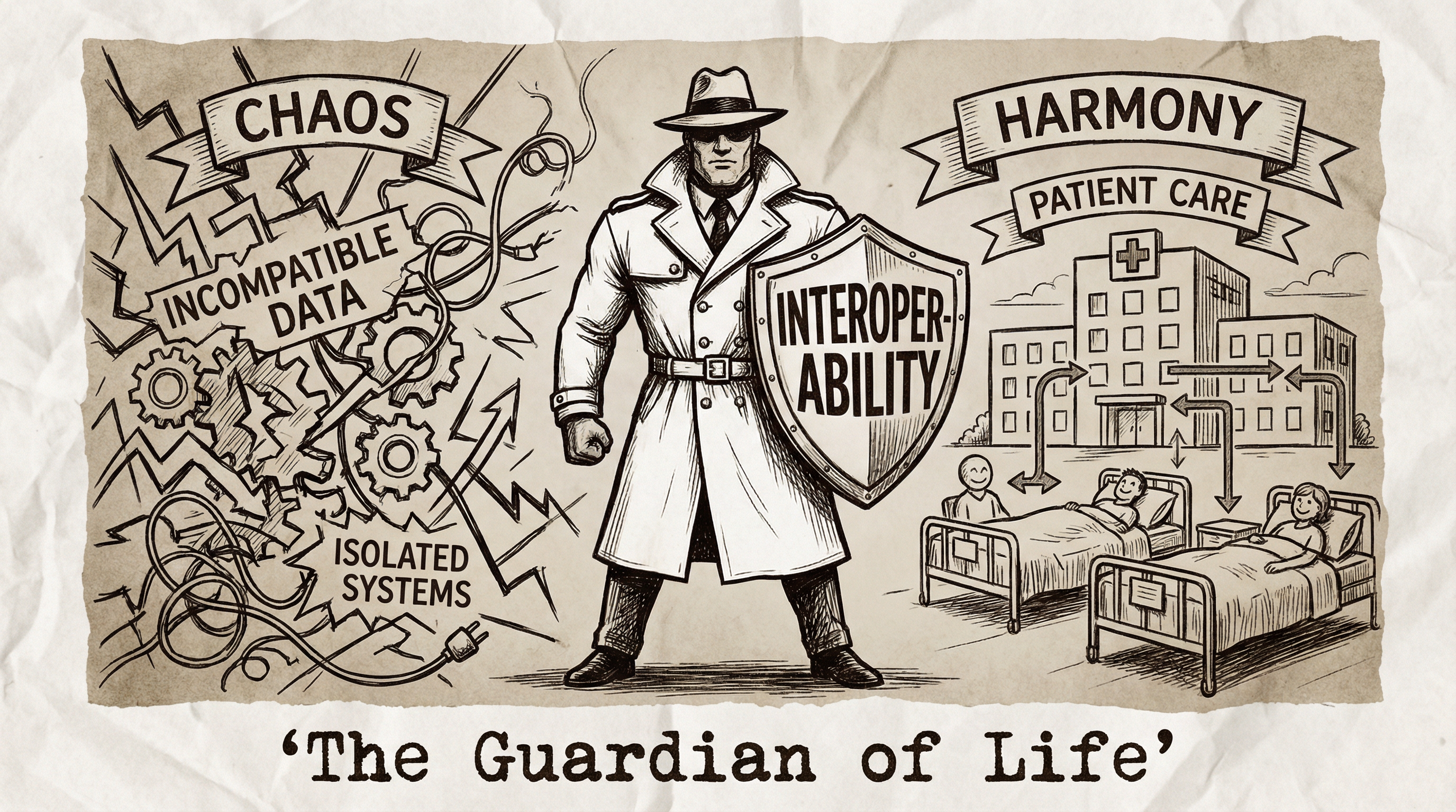 The Guardian of Life - A vintage illustration showing healthcare systems interconnecting to protect patients