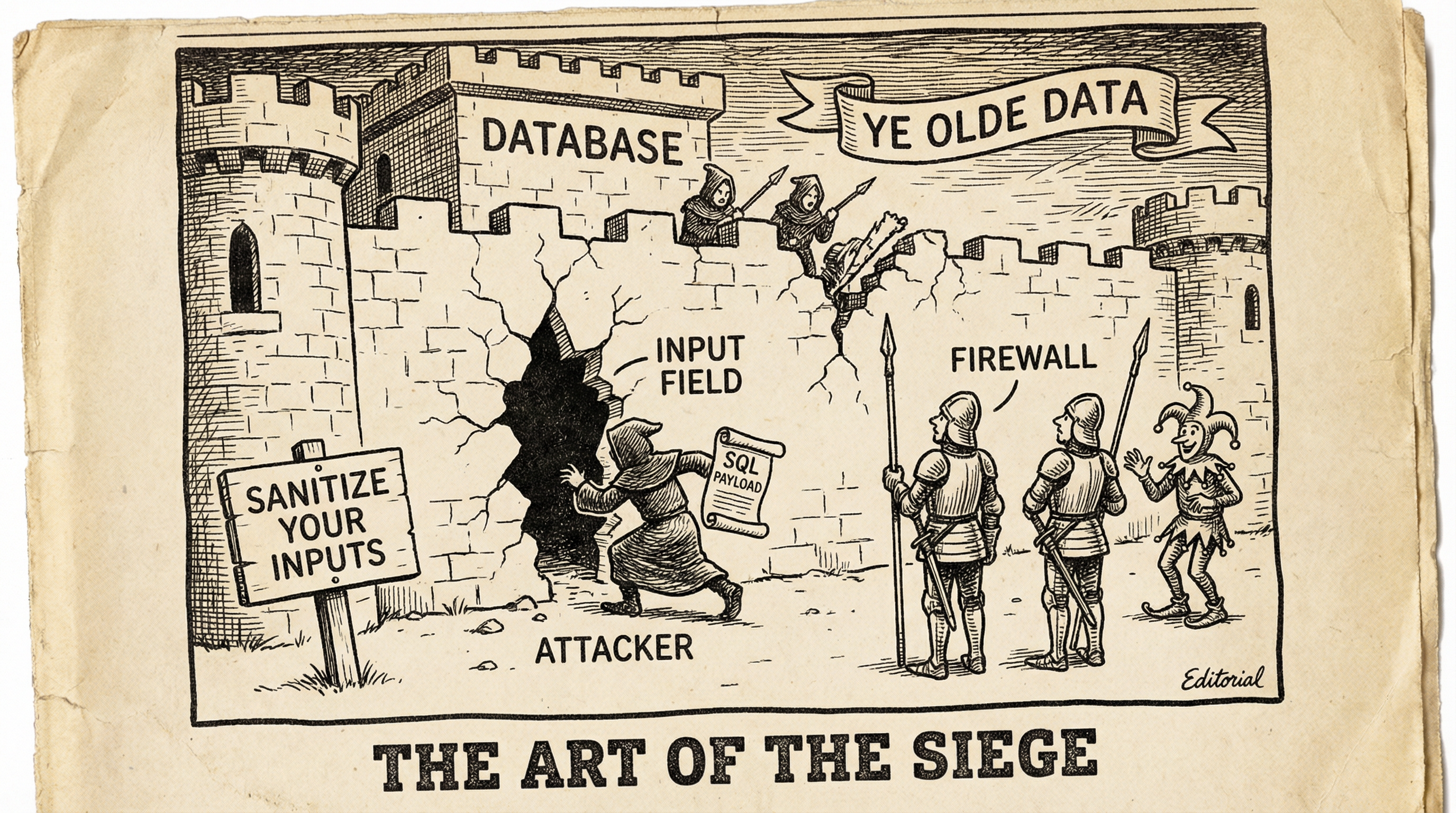 SQL Injection Masterclass - A vintage illustration showing a hacker breaking through database defenses