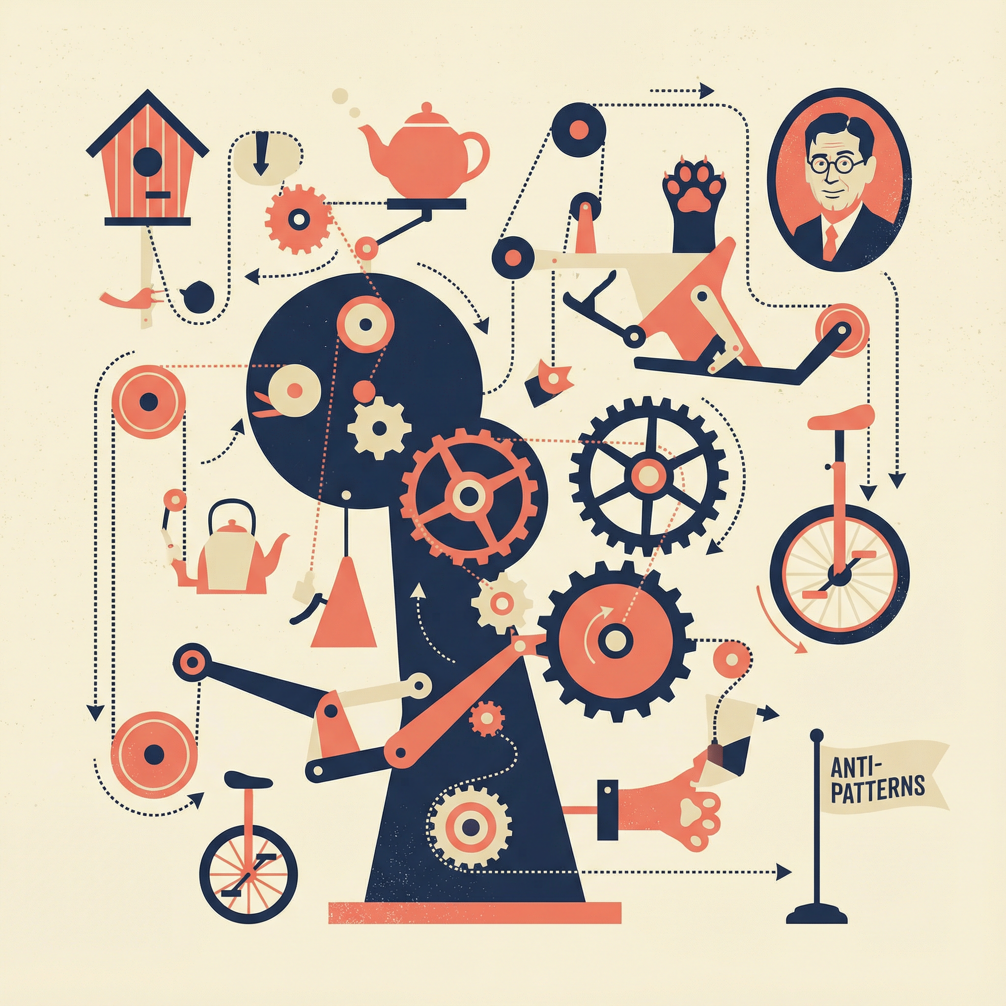 Illustration of a Rube Goldberg machine representing anti-patterns