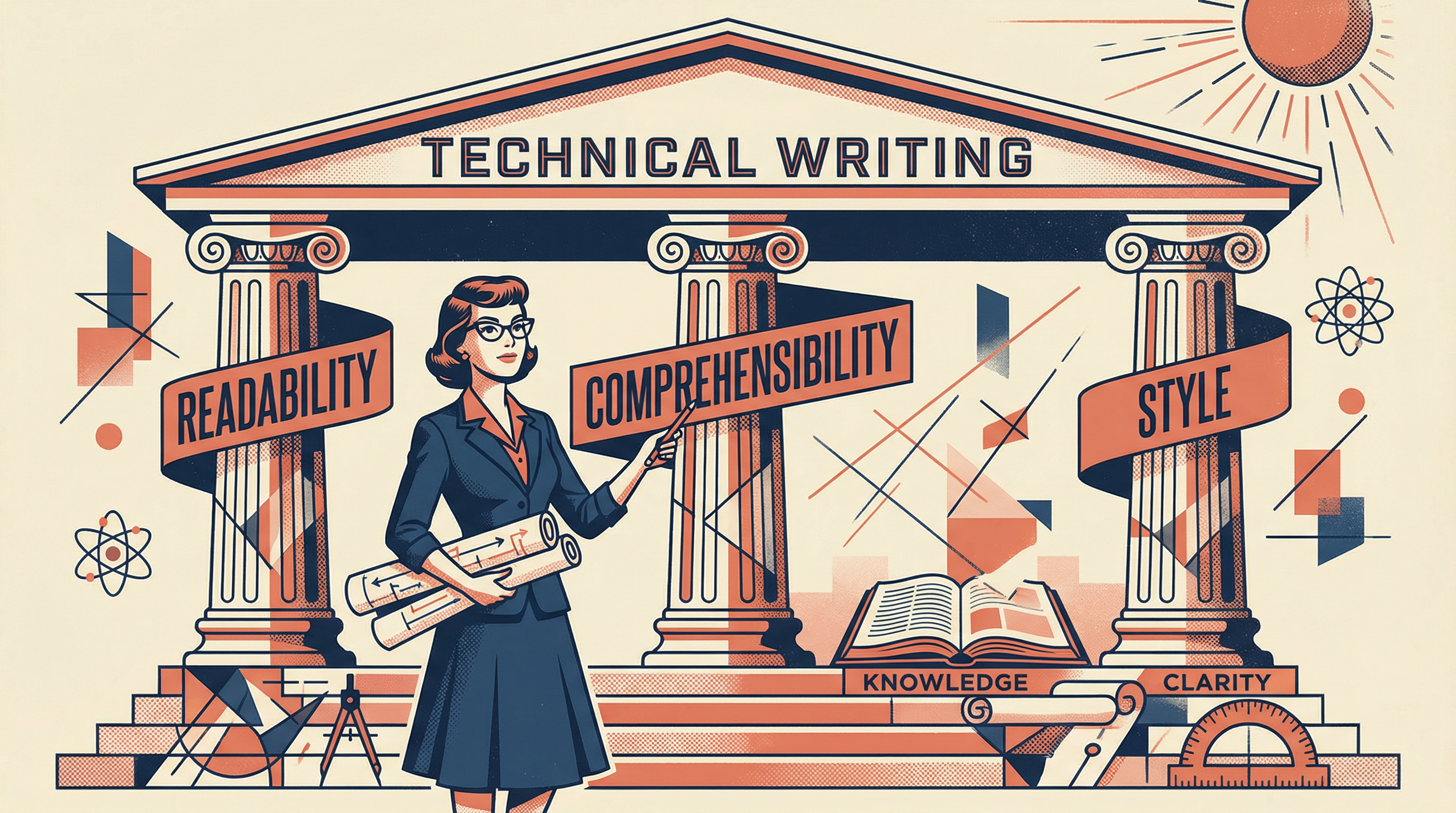 Illustration of three Greek columns representing the pillars of technical writing - Readability, Comprehensibility, and Style - with a confused reader trying to navigate between them
