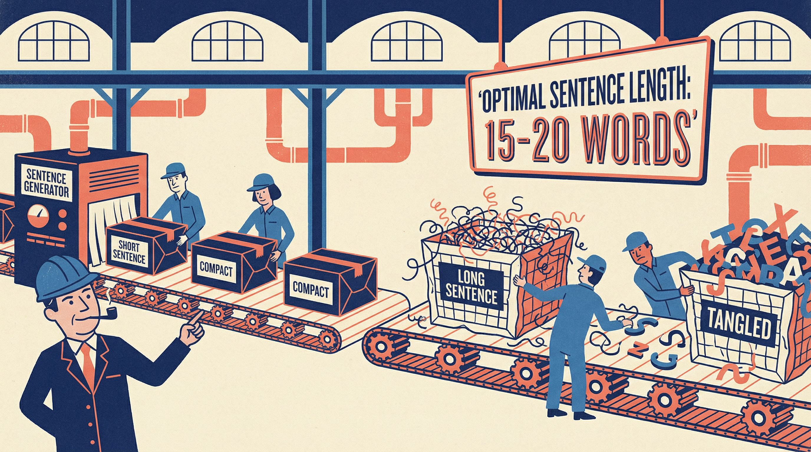 Illustration comparing sentence lengths - a reader easily following short sentences like stepping stones vs drowning in a sea of run-on sentences